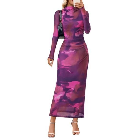 Dresses & Skirts - Women's Long Sleeve Floral Mesh Ruched Maxi Dress Purple